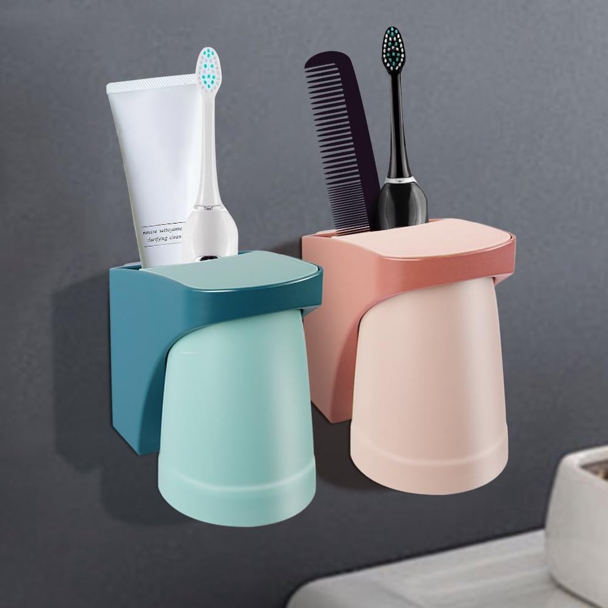 Toothbrush Holder - Toothbrush Box - Wall Mounted - Bathroom Organizer - Toothbrush Organizer - Toothbrush Holder with Magnetic Cup - No Drilling Required - For Family, Children - Blue+Red - 2 Pieces