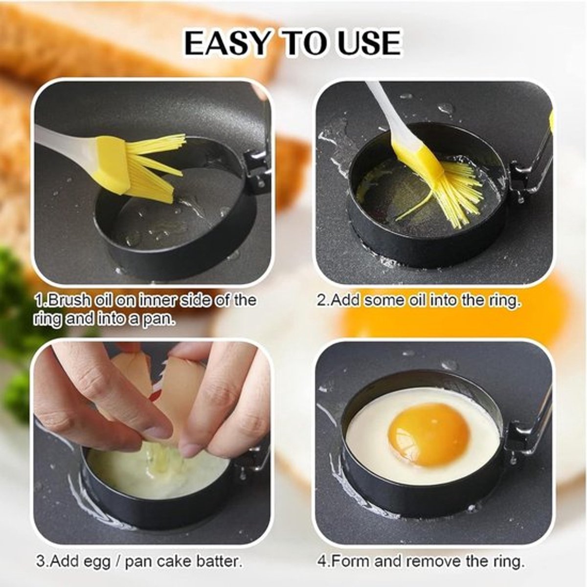 Egg Baking Mold - 4 Pieces - Stainless Steel - Egg Pancake - Fried Egg Mold - Egg Ring - Fried Egg Pancake - With Oil Brush - Frying Eggs - Egg Mold - Egg Molds - Small Egg Shapes - Perfect Round Egg - Baking Mold - Round - Black