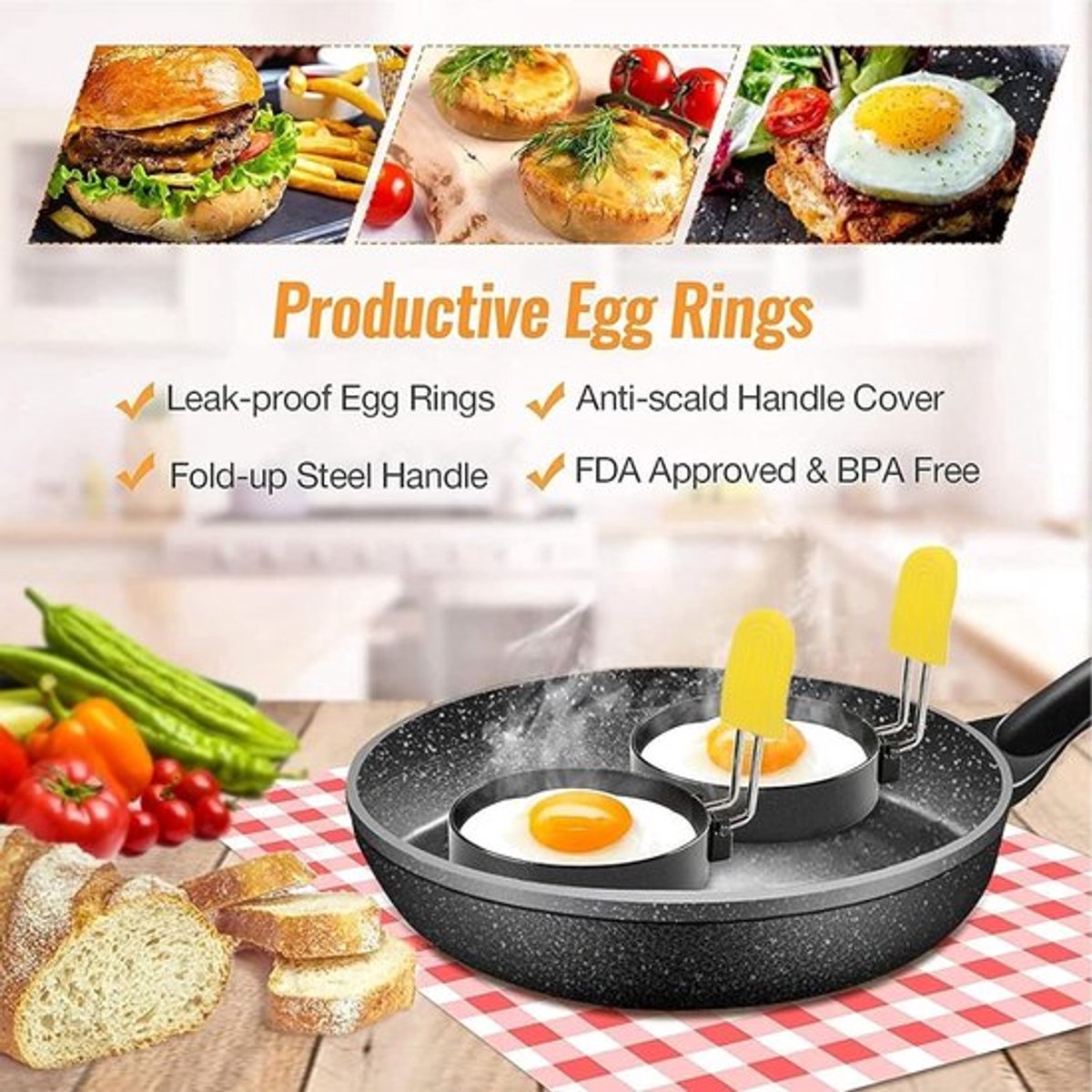 Egg Baking Mold - 4 Pieces - Stainless Steel - Egg Pancake - Fried Egg Mold - Egg Ring - Fried Egg Pancake - With Oil Brush - Frying Eggs - Egg Mold - Egg Molds - Small Egg Shapes - Perfect Round Egg - Baking Mold - Round - Black