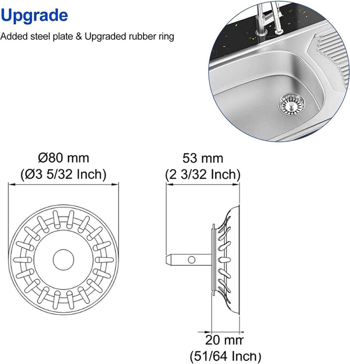 Kitchen Sink Drain Plug 80 mm - 2 Pieces Basket Plug - Sink Strainer Drain Stopper for the Kitchen - Stainless Steel - Universal - Drain Stopper - Sink Strainer - Sink Strainer - Sink Plug - Strainer - Unclog - Washbasin - No Blockage