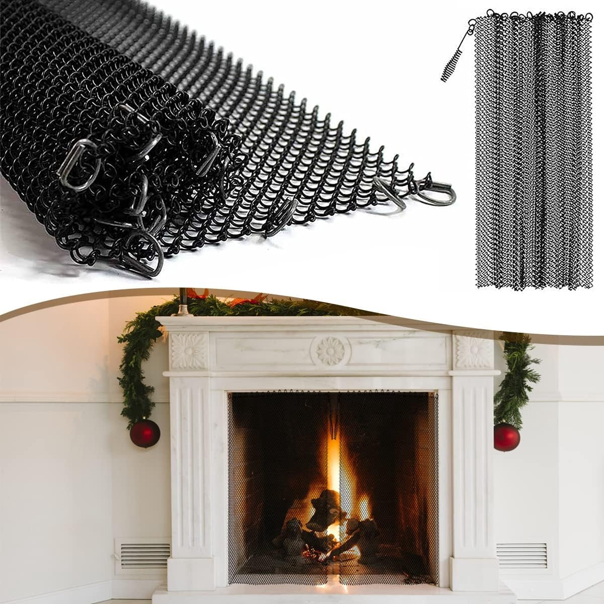 2-Piece Fireplace Screen - Hearth Screen - Spark Guard - With 2 Handles - For Home Fireplace - Fireplace Mesh Screen Curtain - 61x45.7 Cm - Fireplace Mesh Fence Guards