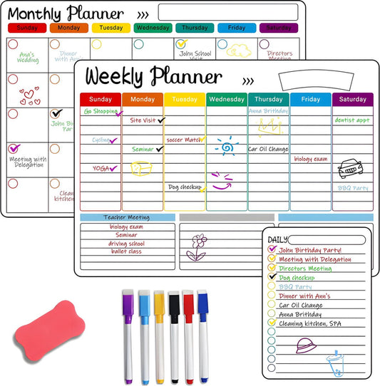 Monthly Planner & Weekly Planner Whiteboard Set - Magnetic Planning Board - Magnetic Monthly Planner - Magnetic Weekly Planner - Magnetic Board Including Day Planner, Markers & Eraser - Memo Board - Planning Board - Family Planner - Family Planner - To Do