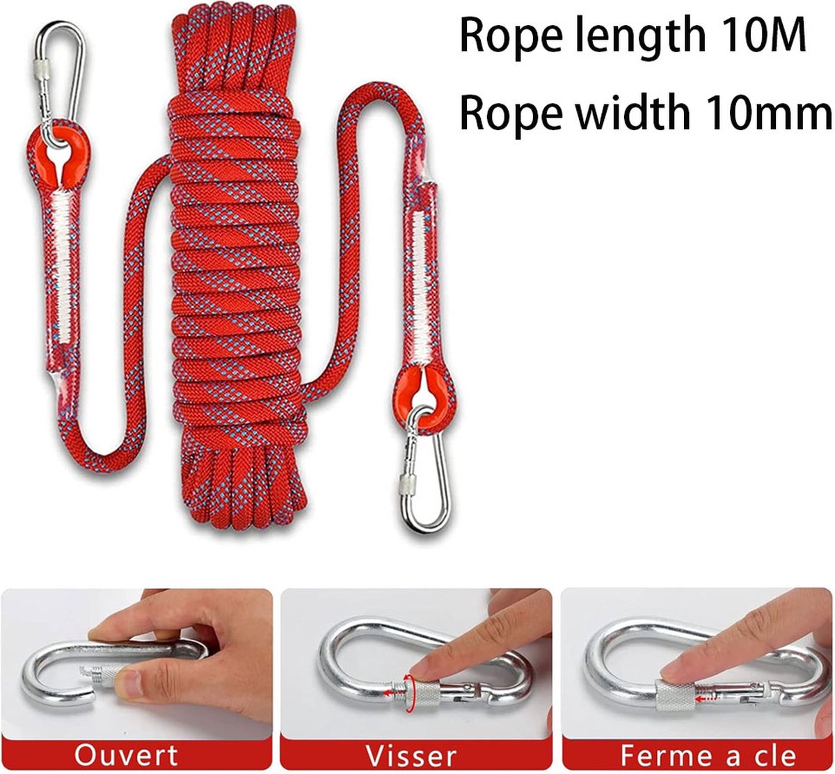 Climbing rope 10 meters - 1000 kg tensile strength - including 2 carabiners - red