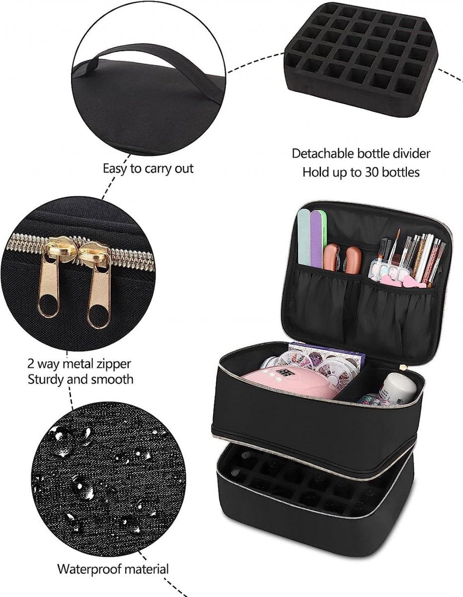 Nail Polish Case Organizer - Nail Case Bag - Nail Technician Bag - Nail Polish Carrying Case - UV Gel Polish Lamp Storage - Beauty Case - Suitable for 30 Bottles - Nail Art Storage - Nail Art - With Removable Dividers - For All Nail Polish Supplies - Grey