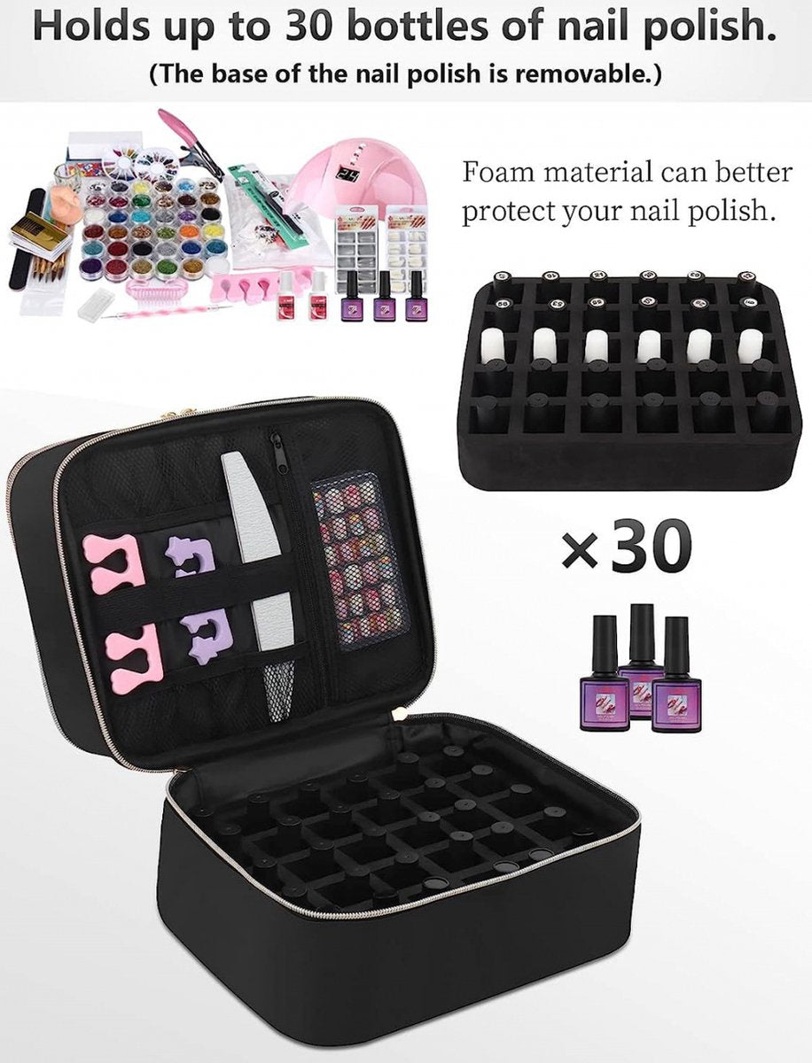 Nail Polish Case Organizer - Nail Case Bag - Nail Technician Bag - Nail Polish Carrying Case - UV Gel Polish Lamp Storage - Beauty Case - Suitable for 30 Bottles - Nail Art Storage - Nail Art - With Removable Dividers - For All Nail Polish Supplies - Grey