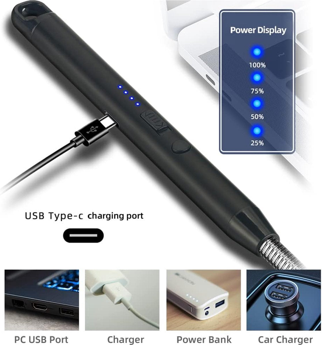 Long Electric Lighter - USB Rechargeable - Kitchen Helpers - USB Electric Stick Lighter - Kitchen BBQ Lighter - For Kitchen, Stove, Camping, Fireworks, Fireplace, Candles, Lighting - Black - 1 Piece