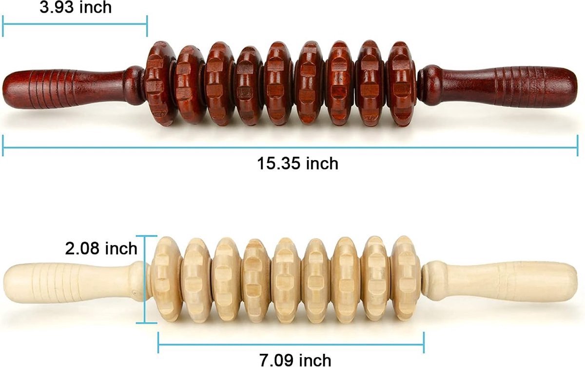 Massage Stick - Massage - Massage Device - 2 Pieces - Relieve Fatigue - Anti-Cellulite Massage Roller Tool - Full Body Massager - Thigh Massager - Natural Wooden Massage Roller - Connective Tissue Massages - Relax - Durable - 9 Wheels