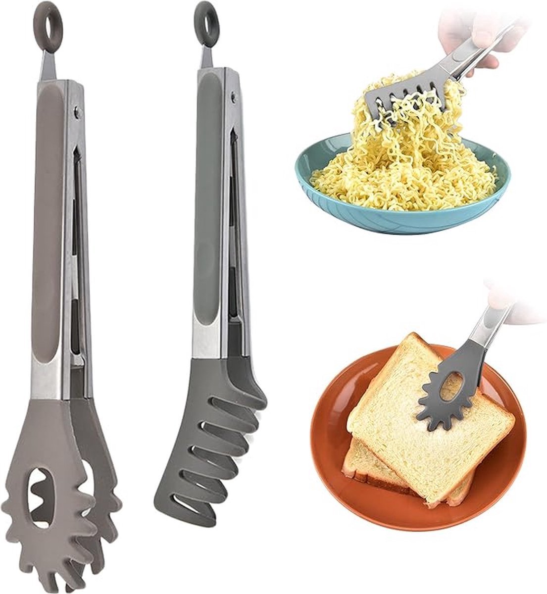 2x Spaghetti Tongs - Kitchen Tongs - Serving Tongs - BBQ Tongs - Stainless Steel and Silicone - Meat Tongs - Heat Resistant - Non-Stick - Barbecue Tongs - Spaghetti Tongs - Salad Tongs - Kitchen Utensils - Barbecue Accessory - 2 Different Shapes - Grey -