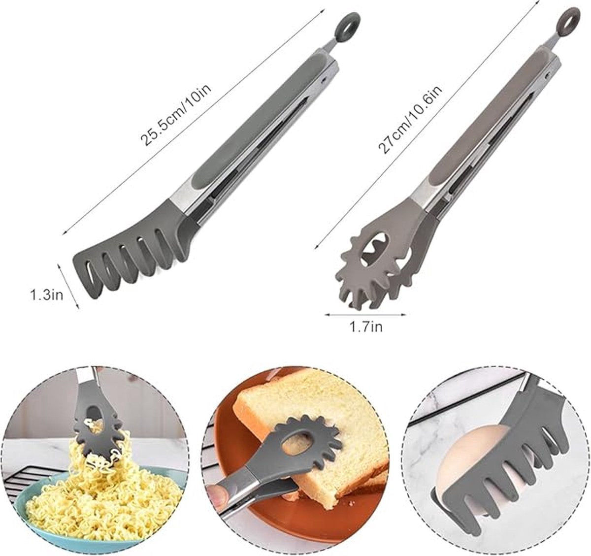 2x Spaghetti Tongs - Kitchen Tongs - Serving Tongs - BBQ Tongs - Stainless Steel and Silicone - Meat Tongs - Heat Resistant - Non-Stick - Barbecue Tongs - Spaghetti Tongs - Salad Tongs - Kitchen Utensils - Barbecue Accessory - 2 Different Shapes - Grey -