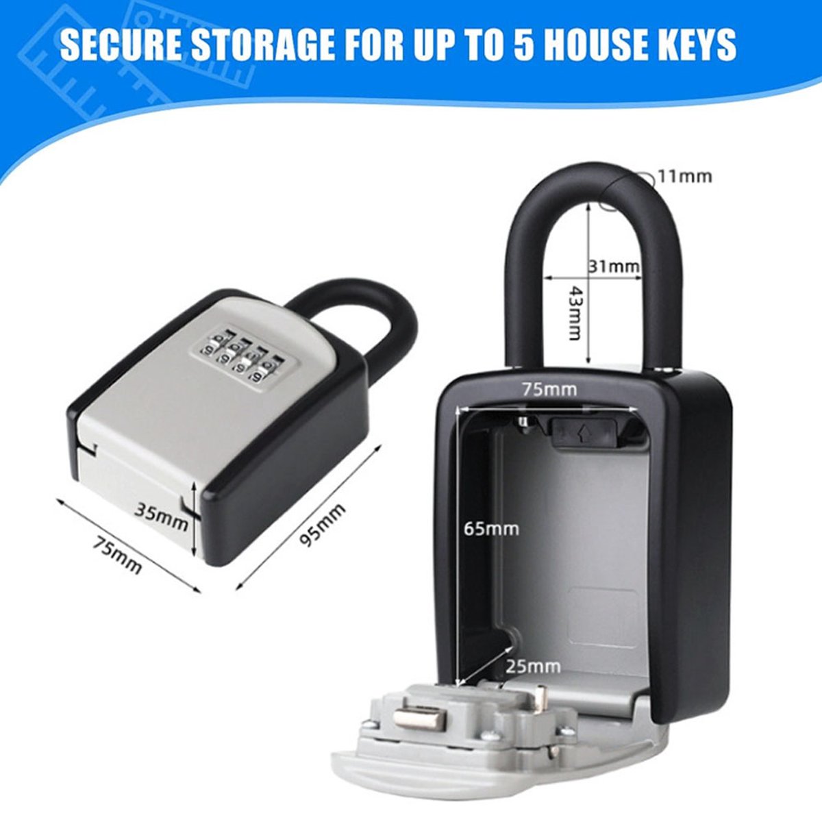 Outdoor/Indoor Key Safe - Small Key Safe with Code - Key Cabinet - Key Box - Small Safe with Combination Lock - Central Key Storage - Removable Lock - No Drilling Required - Wall-Mounted - Water-Resistant - Grey