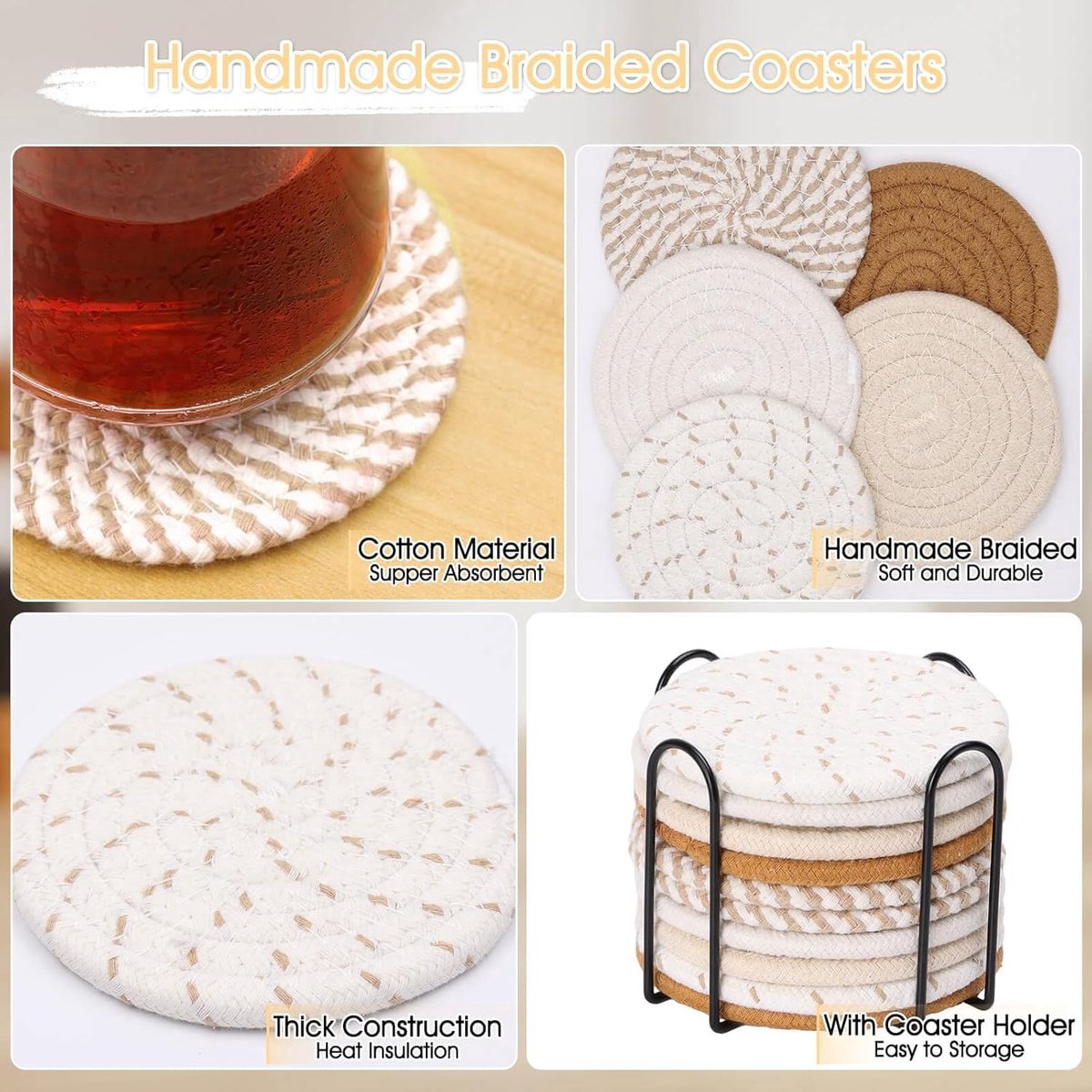 Cork Coasters - Set of 8 with Holder - Woven Coasters - Handmade - Thicker - Highly Hygroscopic - Anti-Slip - Placemats for Glasses - Coaster Set - Coasters - Round - Natural & Eco-Friendly - Minimalist Style