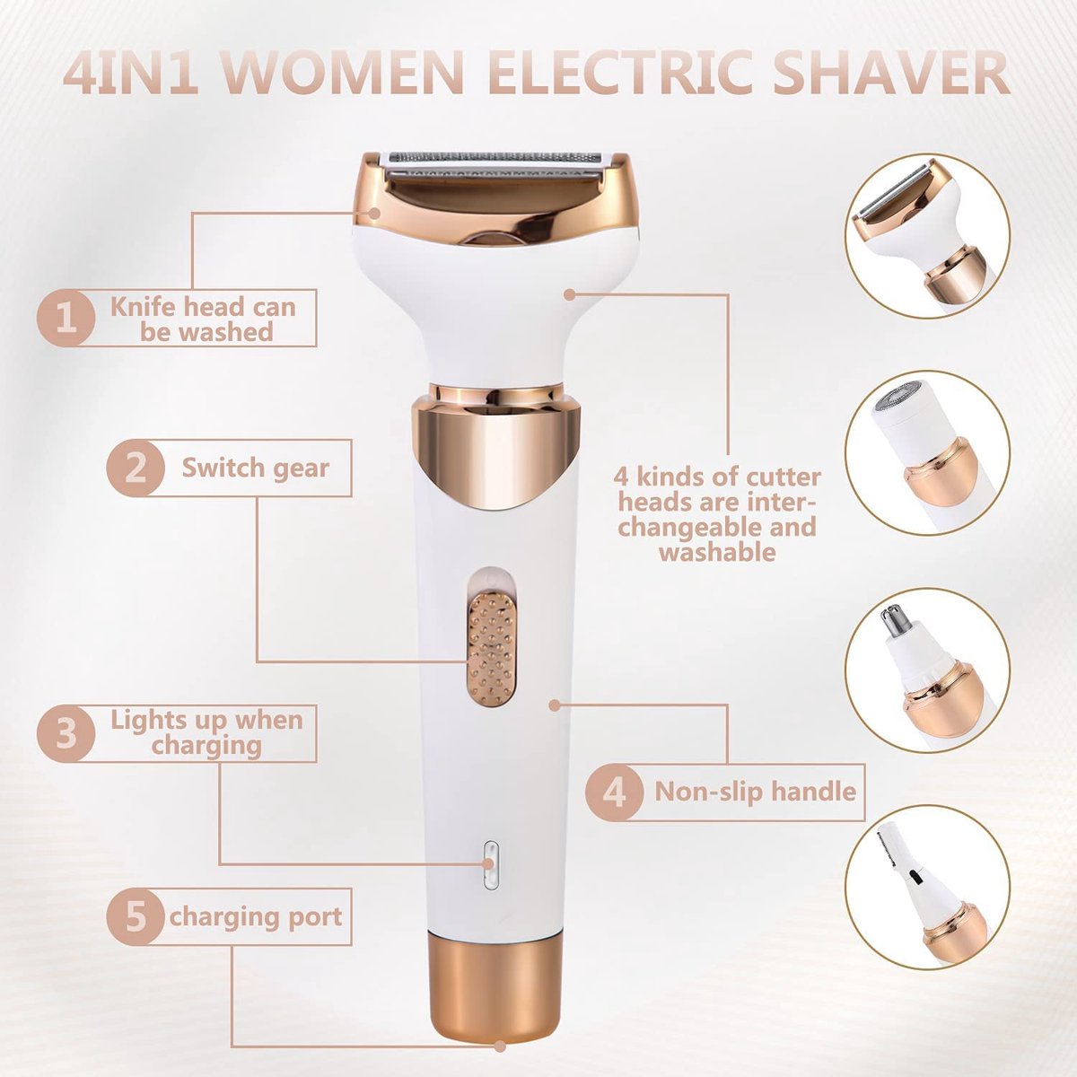 Women's Epilator - Epilator for Easy Hair Removal - 4 Attachments - Women's Epilator - Bikini Trimmer - Facial Epilator - Wet & Dry - Epilators - Facial Cleanser - Hair Removal Device - USB Rechargeable - Gold - Face/Underarms/Legs/Genuine