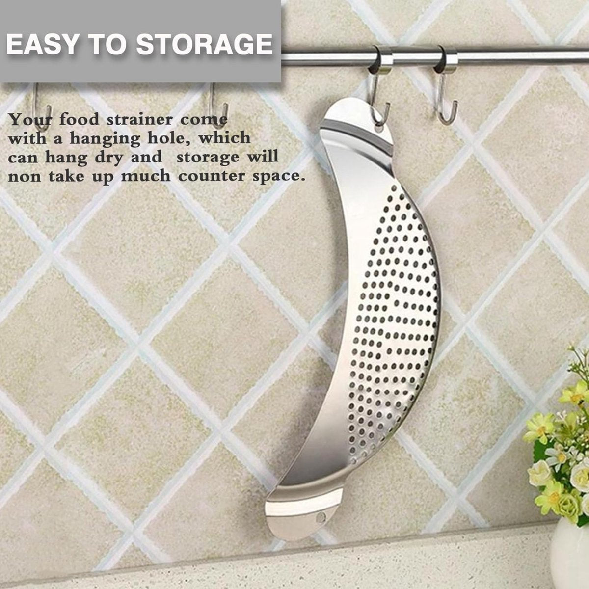 Stainless Steel Draining Aid - Draining Lid with Handles - Colander - 33.5 Cm - BPA-Free - Solid Compact Kitchen Draining Lid - Colander - Kitchen Sieve - Dishwasher Safe - Easy Draining - Storage Hook - For All Sizes of Pans