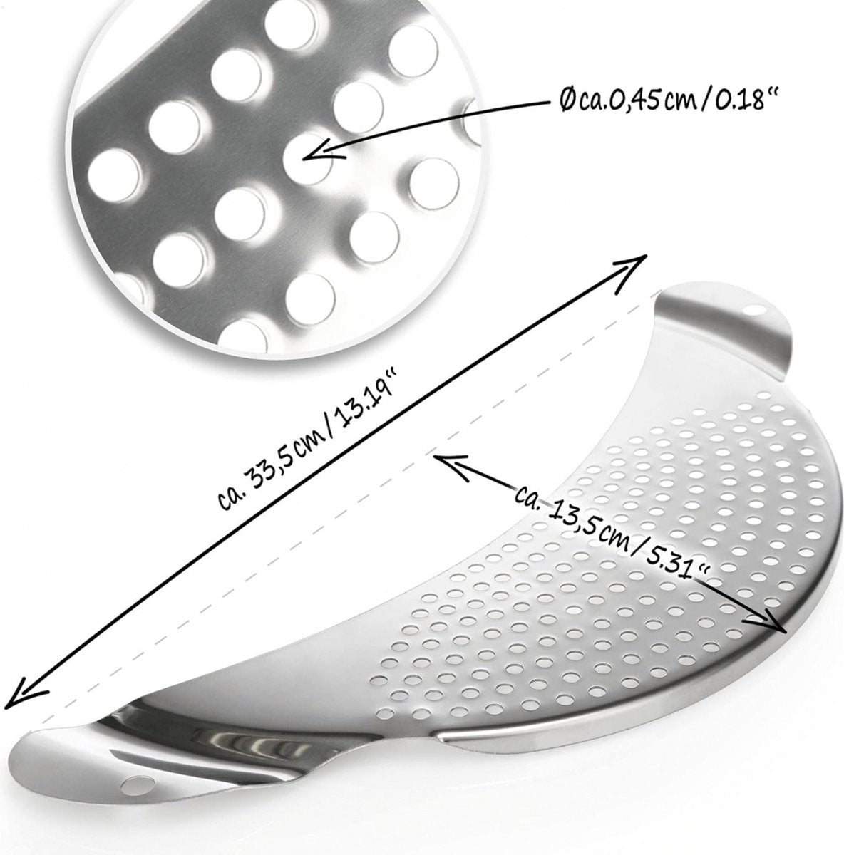 Stainless Steel Draining Aid - Draining Lid with Handles - Colander - 33.5 Cm - BPA-Free - Solid Compact Kitchen Draining Lid - Colander - Kitchen Sieve - Dishwasher Safe - Easy Draining - Storage Hook - For All Sizes of Pans