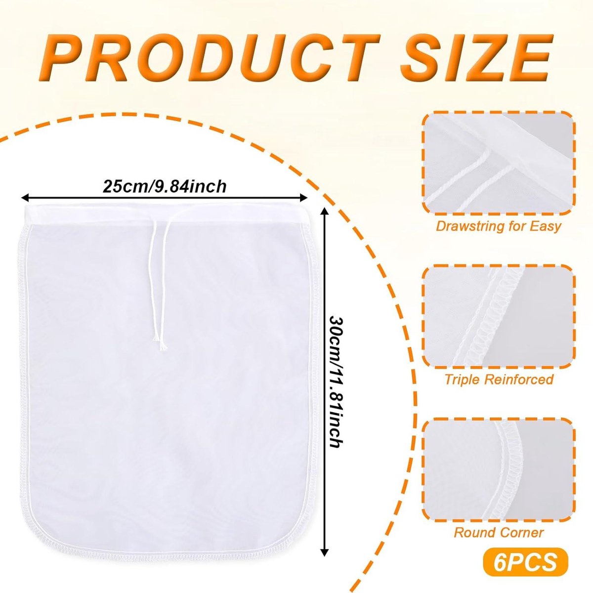 6 Pieces Nut Milk Bag for Straining 12"x10" Reusable Nylon Cheesecloth for Juice Coffee Yogurt Tea Milk Almond Soy Fine Mesh Filter Cheesecloth Bags