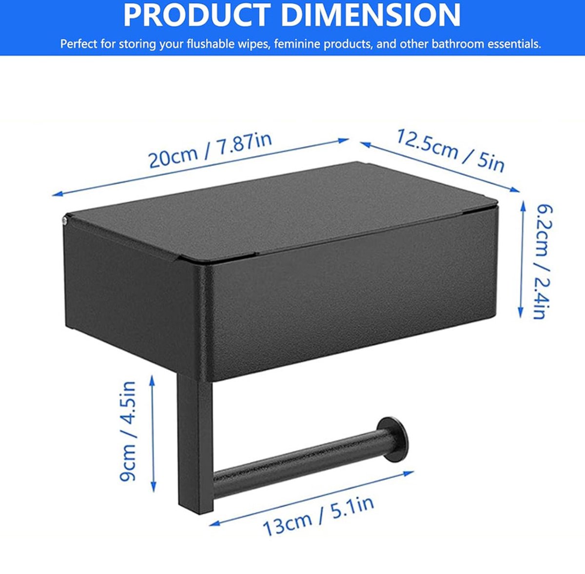 Toilet Roll Holder - Toilet Roll Holder with Shelf - Toilet Paper Holder - Small Shelf & Tray - Shelf Storage Space - Self-Adhesive or Drill-Removed - Bathroom Accessories - Water Resistant - Black