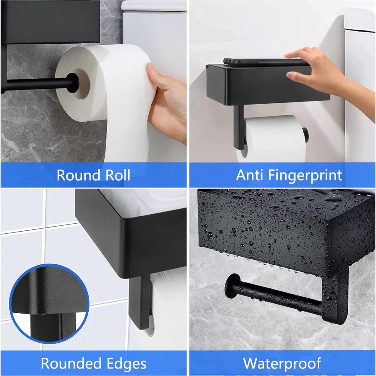Toilet Roll Holder - Toilet Roll Holder with Shelf - Toilet Paper Holder - Small Shelf & Tray - Shelf Storage Space - Self-Adhesive or Drill-Removed - Bathroom Accessories - Water Resistant - Black