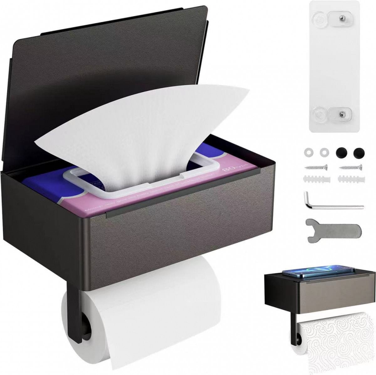 Toilet Roll Holder - Toilet Roll Holder with Shelf - Toilet Paper Holder - Small Shelf & Tray - Shelf Storage Space - Self-Adhesive or Drill-Removed - Bathroom Accessories - Water Resistant - Black