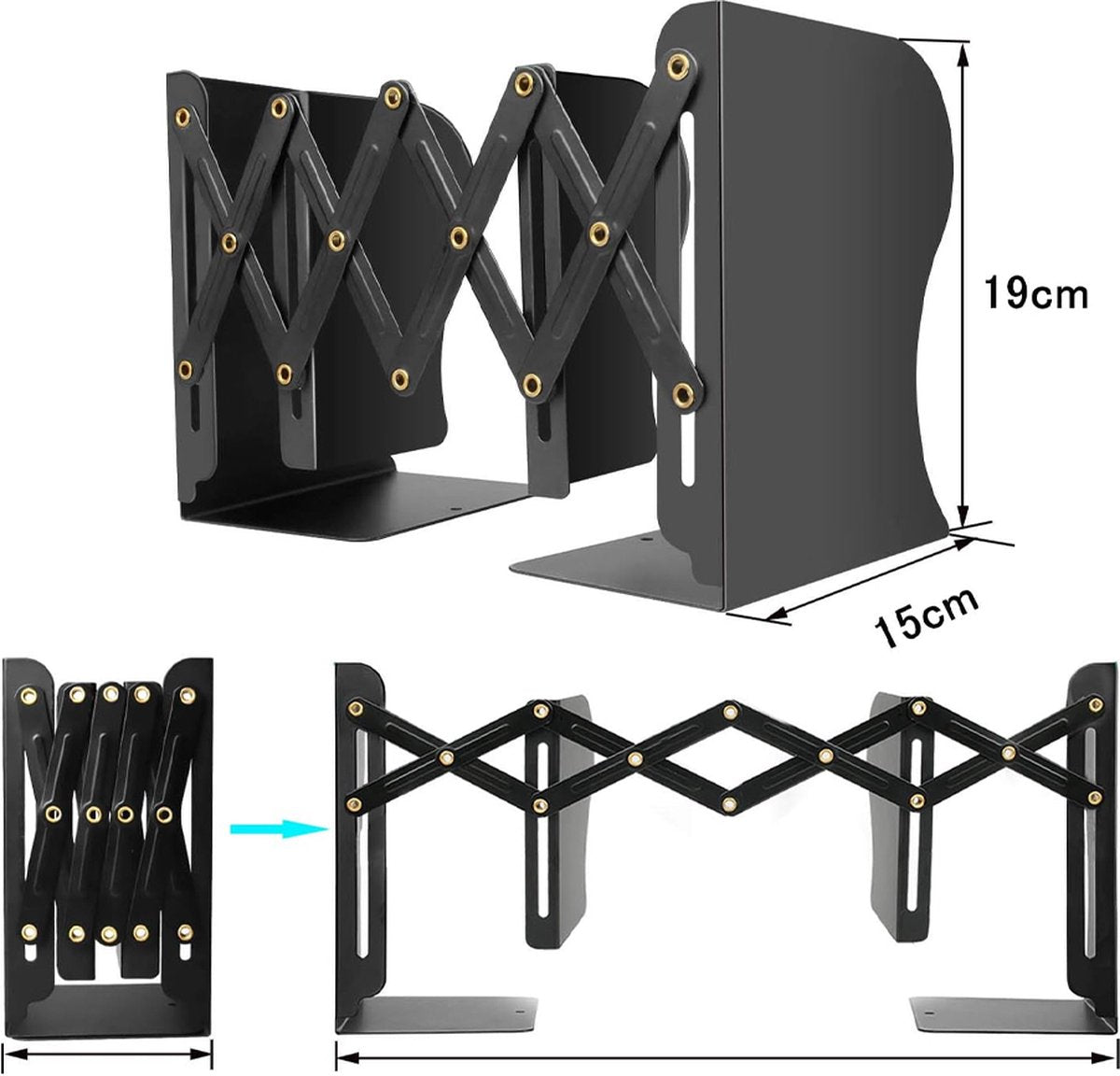 Bookend - Book Stand - Book Holder - Book Support - Bookends - Magazine Holder - Adjustable - Stylish Design - Non-Slip Feet - Multifunctional Use - For Shelves, Office, Library, Home and School - Metal - Black
