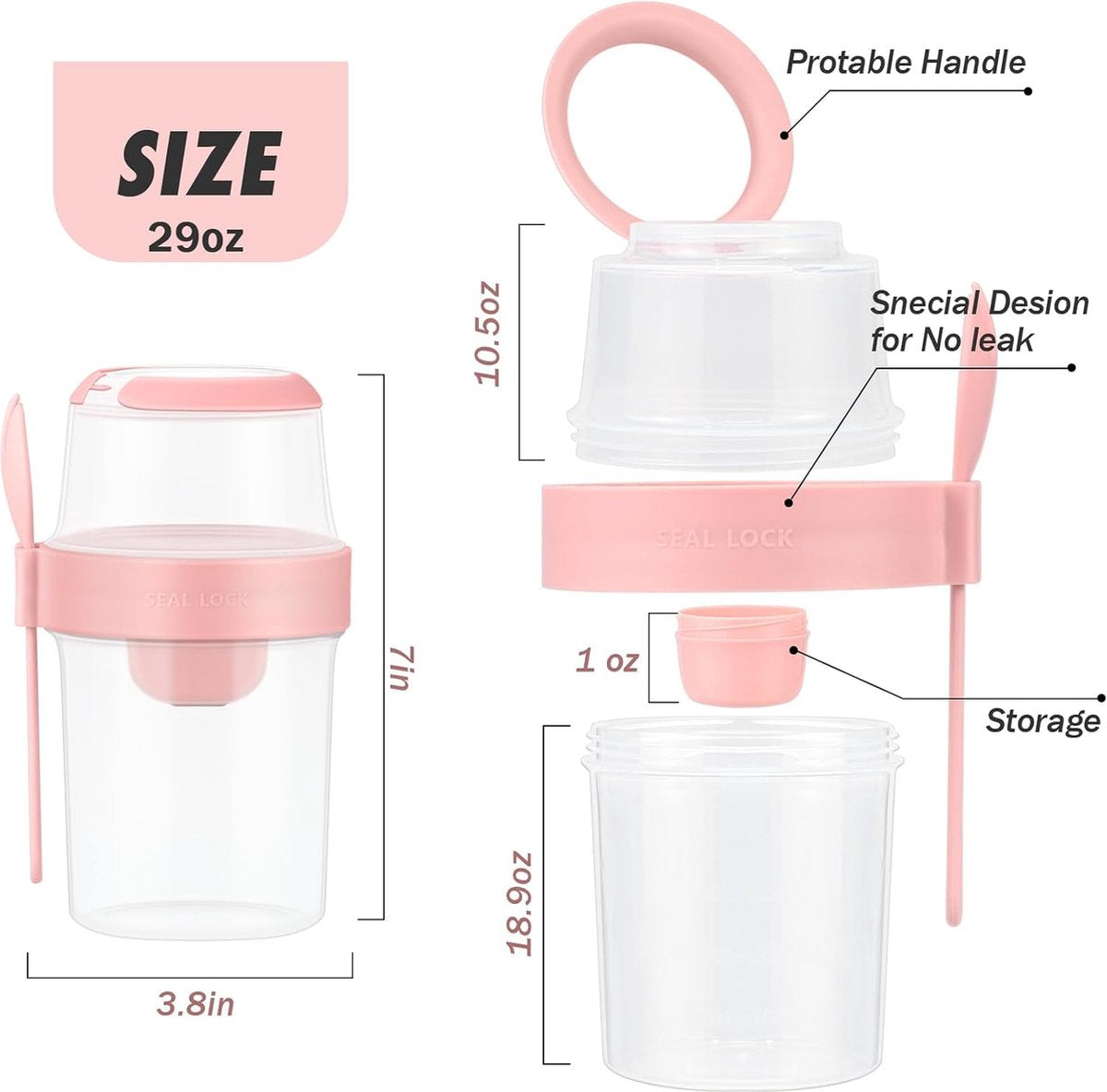 Yogurt Cup - Yogurt Cup To Go - Lunch Pot - BPA-Free - With Spoon - Muesli Cup To Go - Lunch Cup - Lunch Box - Lunch Container - Takeaway - Leakproof - Medium - 560 + 310 ml - Salad To Go - Salad Box - Pink and Green - Sustainable
