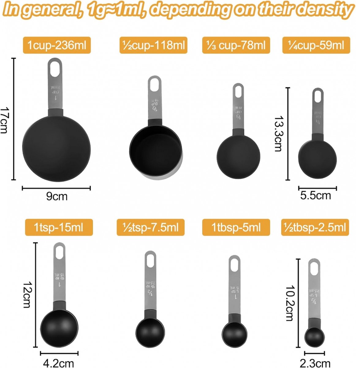 8-Piece Set of Measuring Spoons & Cups - Measuring Cups - Measuring Cups - Scoops in Various Sizes - Cups & Spoons - Durable - Practical - For Precise Weighing and Measuring - Black