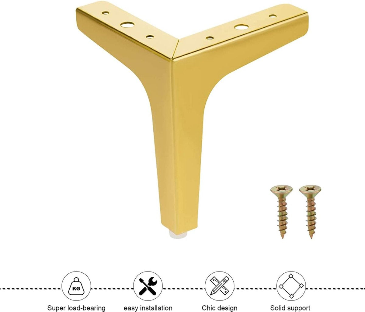Metal Triangular Furniture Legs - 4 Pieces - Table Legs - 13 Cm - With Screws - Furniture Leg - Table Leg - High Load Capacity - Furniture Table Legs - Table Component - Heavy Metal Furniture - Floor Protection - Non-Slip and Wear-Resistant - Gold