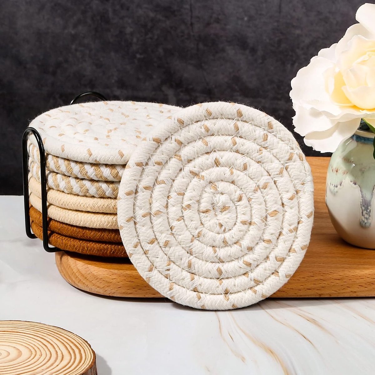 Coasters - 8-piece - Stylish Coasters - Coasters for Glasses - Coaster Set - Round Coaster Design - Anti-Slip - Heat Resistant - Gift - with Holder
