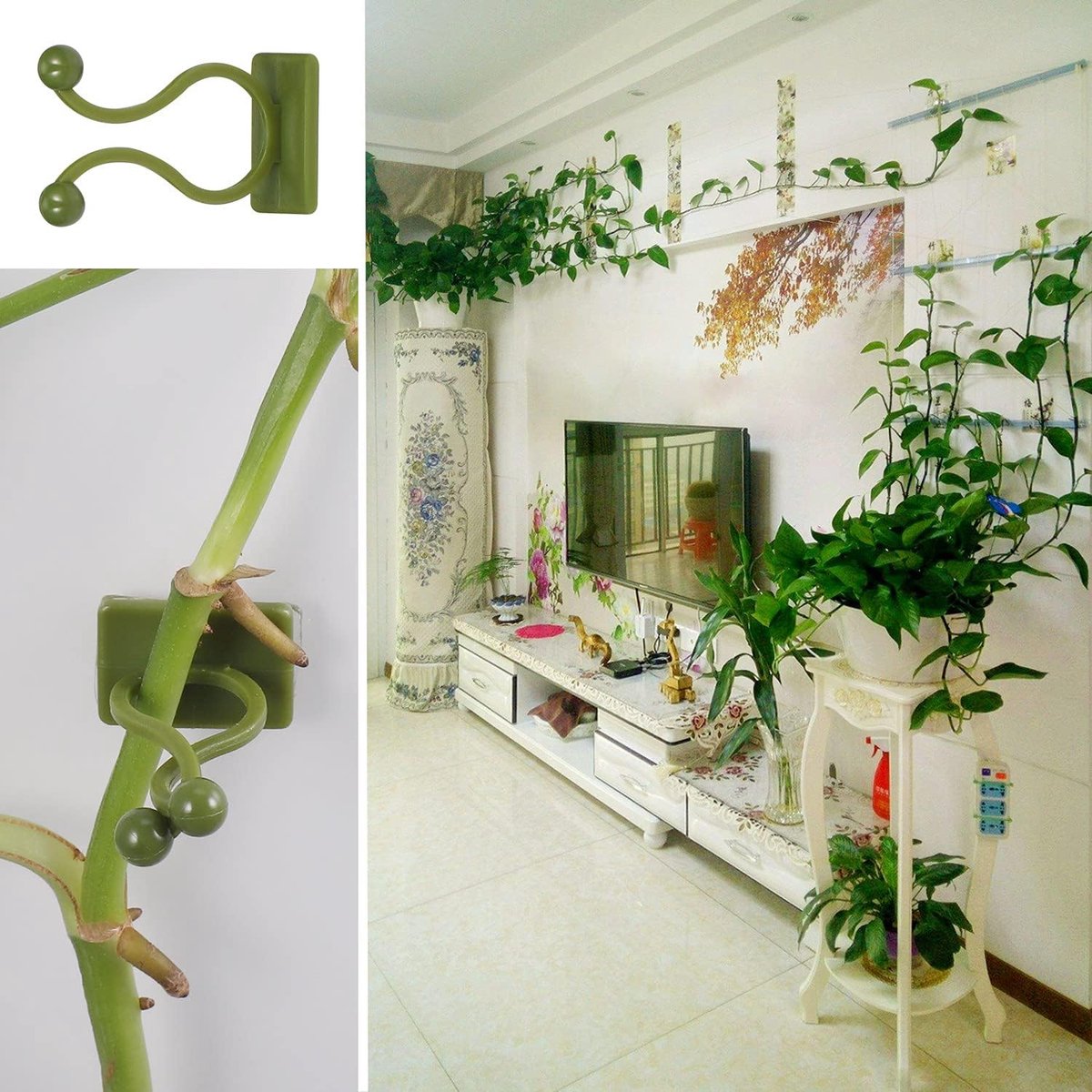 Plant Clips - Plant Clips - Climbing Plant Guide - Tie Up - Plant Support - Garden Clips - Cable Organizer - Wall-Mounted Plant Clips - For Indoor Use - Wall Mounting - Multi-purpose - Reusable - Self-Adhesive - Green/White