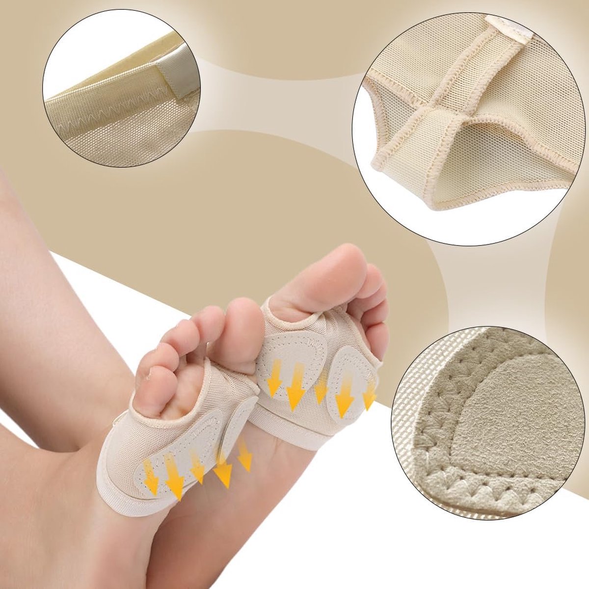 Forefoot Cushion - Heel Insoles - Anti-Slip Forefoot Insoles Heel Protection - Toe Protector Cushion - Anti-Slip Sock Pads - Fit All - Shock Absorbing - Set of 4 - Beige