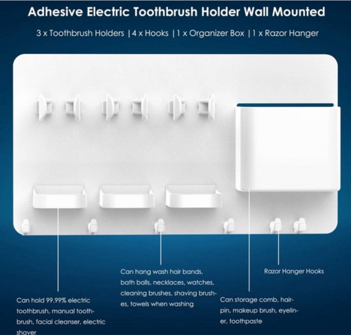Toothbrush Holder - Electric Toothbrush Holder - High Quality - Adjustable - Wall-Mounted - Drying - Razor Holder - Bathroom Organizer - Universal - Self-Adhesive - No Drilling Required - White