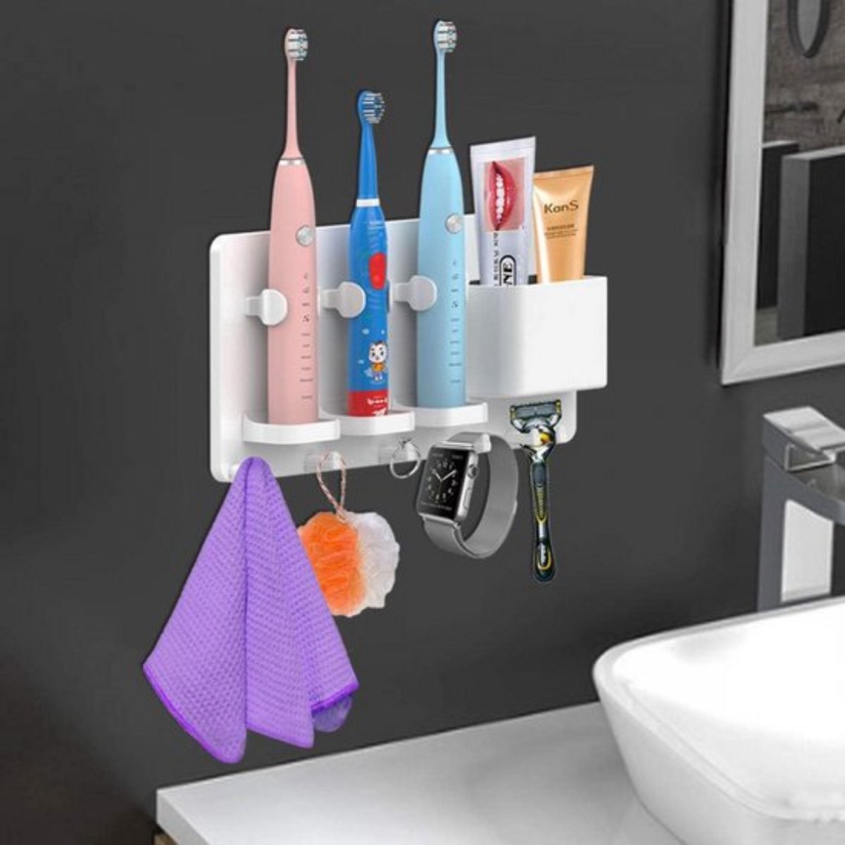 Toothbrush Holder - Electric Toothbrush Holder - High Quality - Adjustable - Wall-Mounted - Drying - Razor Holder - Bathroom Organizer - Universal - Self-Adhesive - No Drilling Required - White
