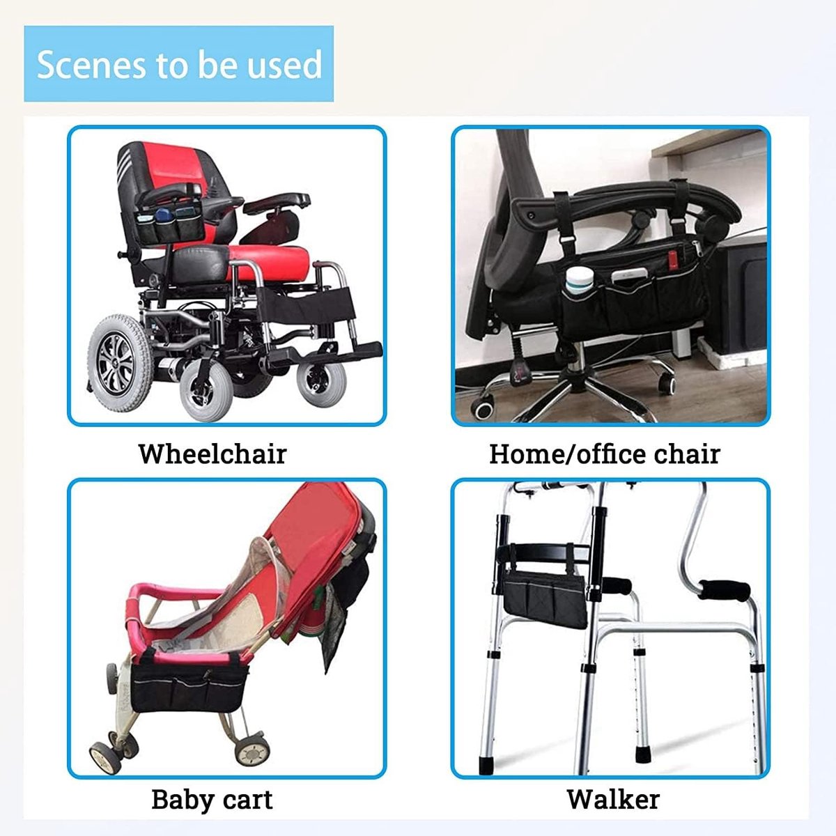 Wheelchair Armrest Storage Bag - Wheelchair Bag with 4 Storage Compartments - 32.5 x 18 cm - Waterproof Armrest Bag - with Safety Reflective Stripe - Universal Wheelchair Side Bag - Wheelchair Bag - Mobility Scooter Bag - Wheelchair Shopping Bag - Black