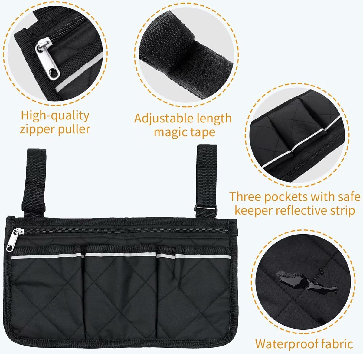 Wheelchair Armrest Storage Bag - Wheelchair Bag with 4 Storage Compartments - 32.5 x 18 cm - Waterproof Armrest Bag - with Safety Reflective Stripe - Universal Wheelchair Side Bag - Wheelchair Bag - Mobility Scooter Bag - Wheelchair Shopping Bag - Black