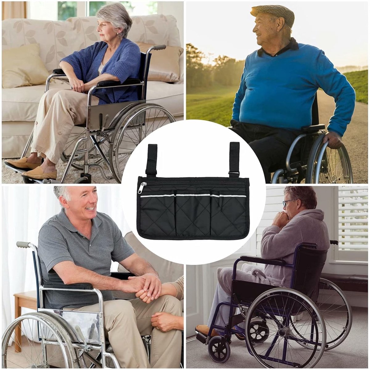 Wheelchair Armrest Storage Bag - Wheelchair Bag with 4 Storage Compartments - 32.5 x 18 cm - Waterproof Armrest Bag - with Safety Reflective Stripe - Universal Wheelchair Side Bag - Wheelchair Bag - Mobility Scooter Bag - Wheelchair Shopping Bag - Black