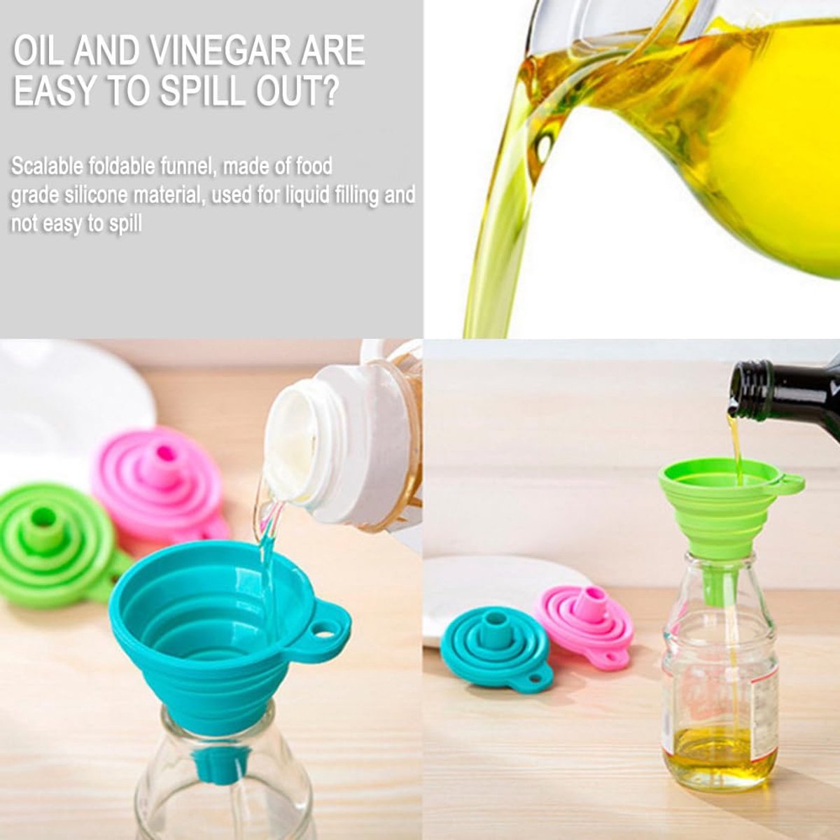 Funnel - Professional Funnel - Foldable Silicone Funnel - Multifunctional - Heat Resistant - Easy to fold and store - Hangable - Cooking Kitchen Accessories Gadgets - Green - 1 piece