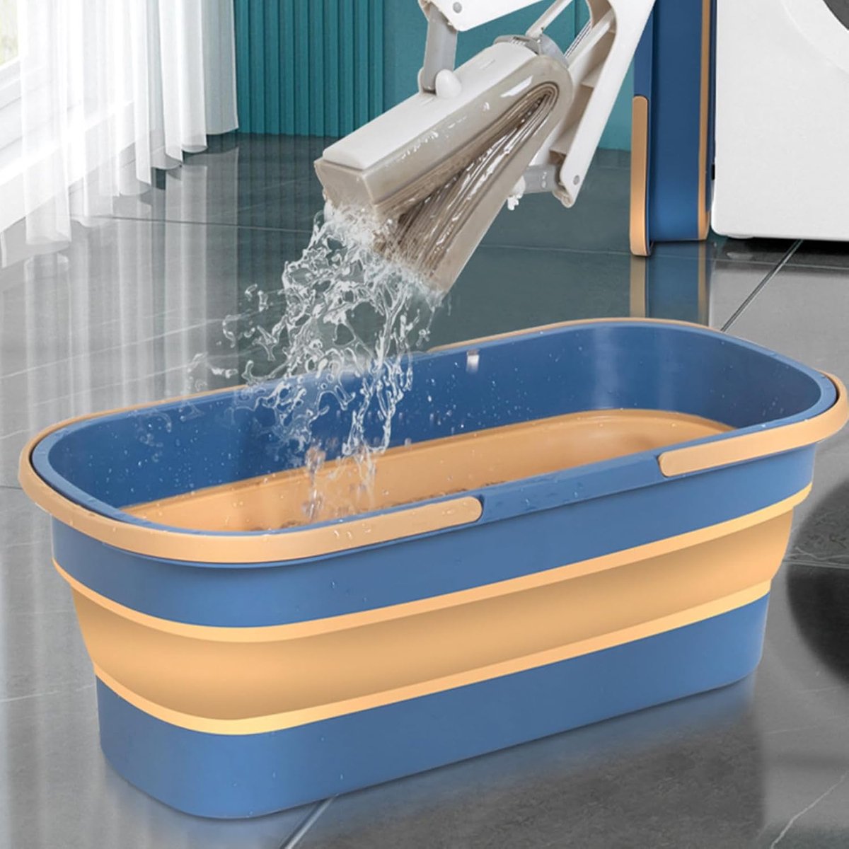 Mop Bucket - Bucket - Household Bucket - Floor Cleaning/Mopping - Portable Mop Bucket - Soap Bucket - Synthetic Mop Bucket - Cleaning Supplies - Flat Mop Bucket - Foldable - Space-Saving - With Handle - For Large Floor Surfaces - Blue