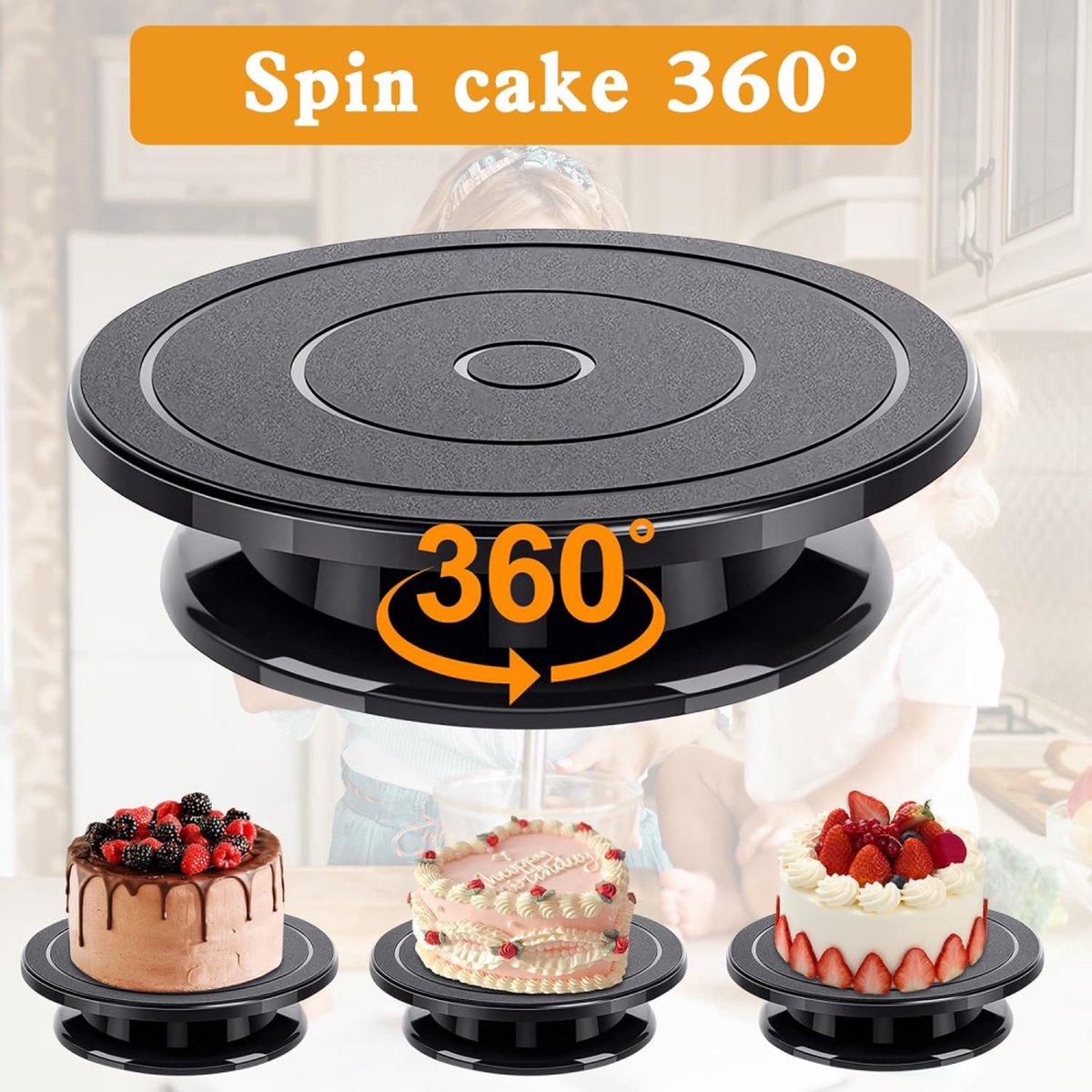 Rotating Cake Stand - Cake Turntable - Cake Stand with Base - Cake Dish - Cake Plate - Cake Plate - Cake Stand - Cake Stand - ø 28cm - Turntable - Anti-Slip - Cake Decoration - Baking Supplies - Cake Decorations - Cake Topper - Black