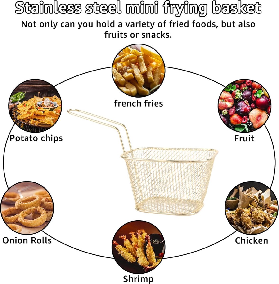 Frying Basket - 2 Pieces - Frying Colander - Frying Scoop - Vegetable Cooker - Draining Rack - Snack Serving Basket - For Fries And Snacks - Stainless Steel - With Handle - Serve Fries/Snacks In A Basket - Rectangle - Gold