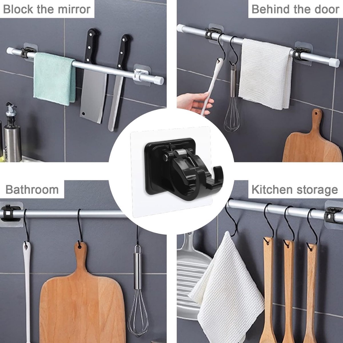 Curtain Rod Holder - 10 Pieces Curtain Rod Hooks - Hanging Curtain Rails/Curtain Rods - Super Adhesion - No Glue Residue - Hanging Hooks/Small Hooks - Black - Bathroom - Self-Adhesive Hooks - Load Capacity 10kg - No Drilling Required