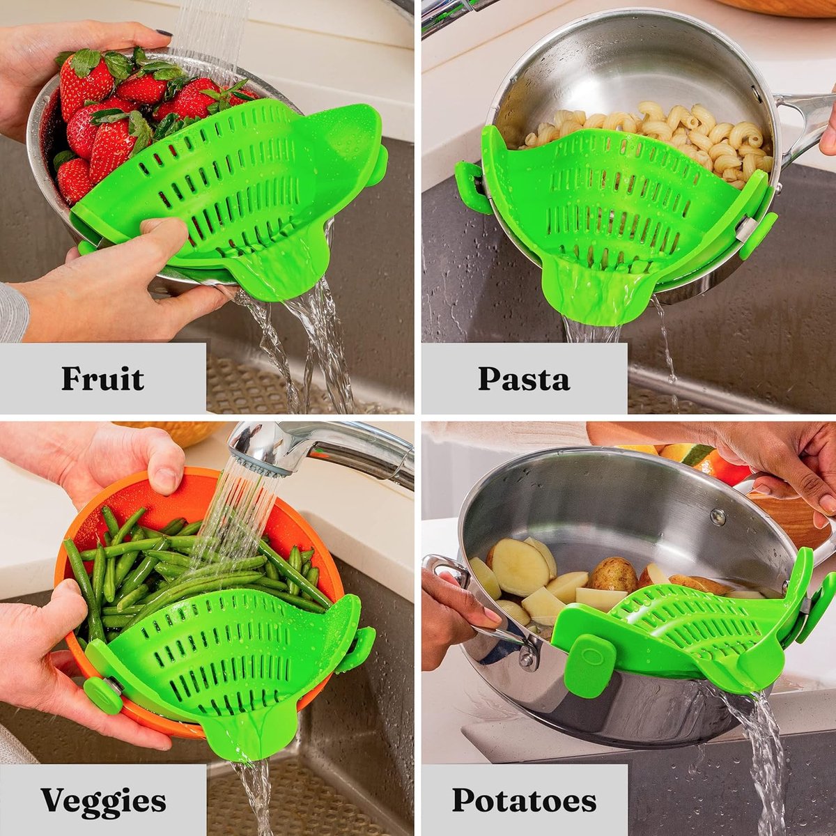 Silicone Colander - Kitchen Draining Lid - Draining Aid - Silicone - BPA Free - Safe Hands-Free Draining - Colander - Safe Draining - Solid Compact Kitchen Draining Lid - Draining Lid - Green - Dishwasher Safe - For All Sizes of Pans