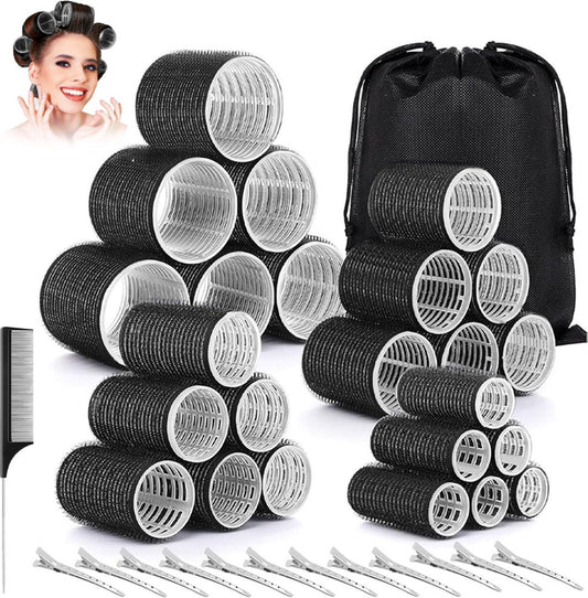 Curlers - 38 Pieces - 4 Sizes - Heatless Curls - Hair Rollers - Hair Curler - Adhesive Rollers - Hair Rollers - Curlers - Heatless Curls - Hair Curler - With Comb, 12 Hair Clips And Storage Bag - Various Curling Effects - Black