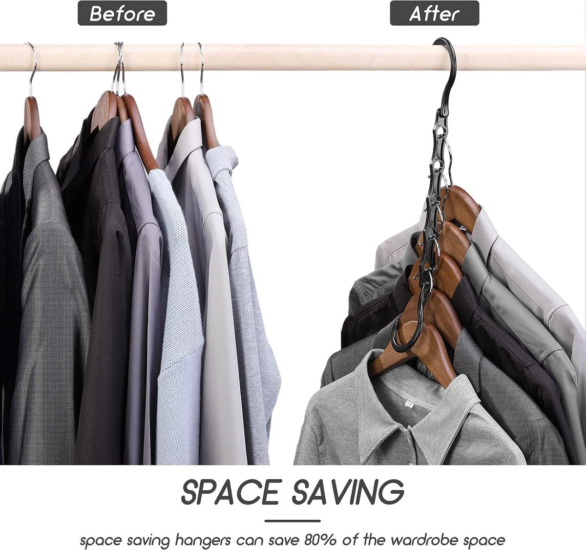 Clothes Hanger - 6 Pieces - Magic Clothes Hanger - Space-Saving Clothes Hanger - Wardrobe Hangers - 5 Slots - Multifunctional - Plastic - Wardrobe Organizer - Black - For 30 Garments - For Shirts, Trousers, Dresses, Jackets, Etc
