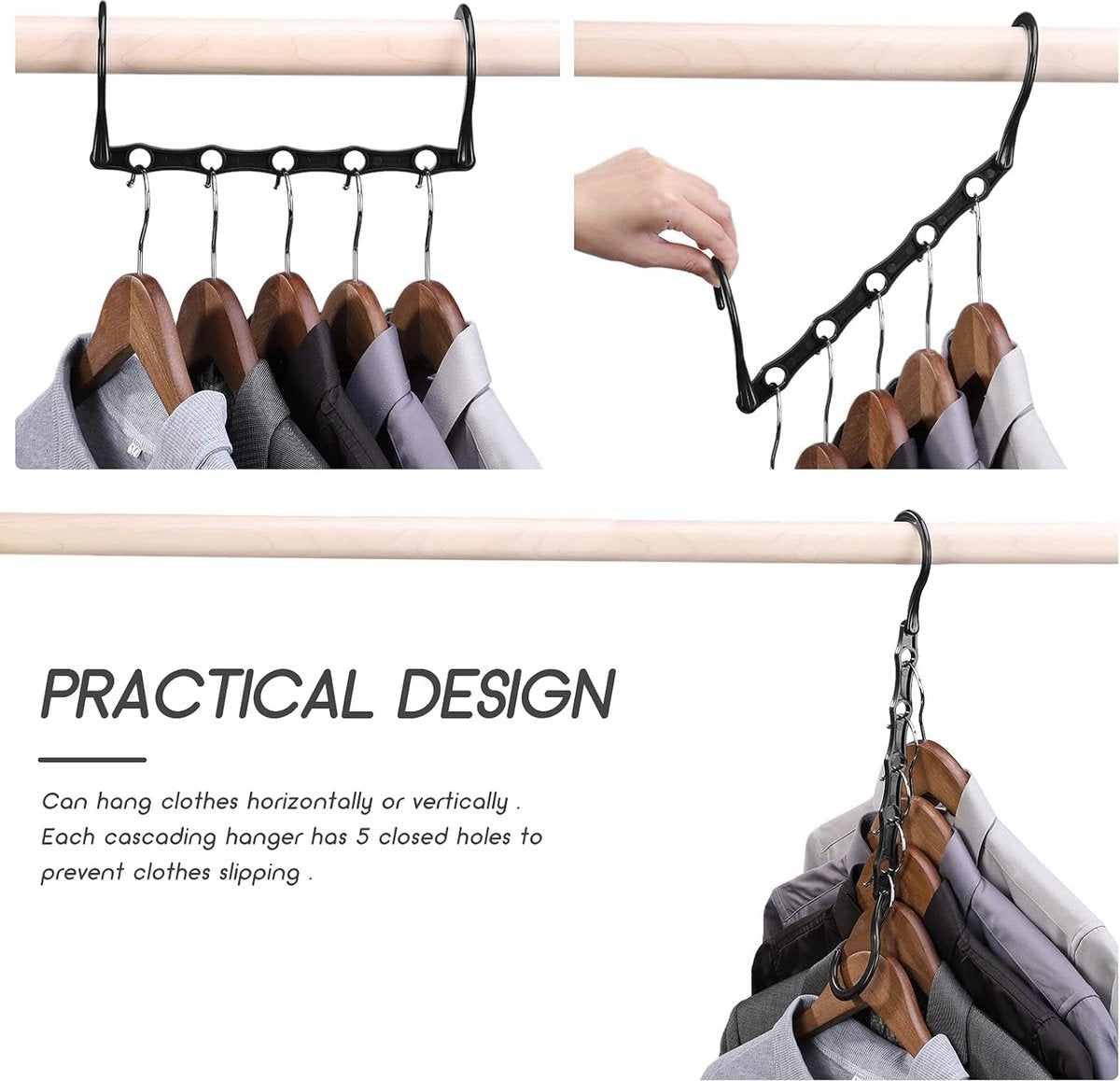 Clothes Hanger - 6 Pieces - Magic Clothes Hanger - Space-Saving Clothes Hanger - Wardrobe Hangers - 5 Slots - Multifunctional - Plastic - Wardrobe Organizer - Black - For 30 Garments - For Shirts, Trousers, Dresses, Jackets, Etc