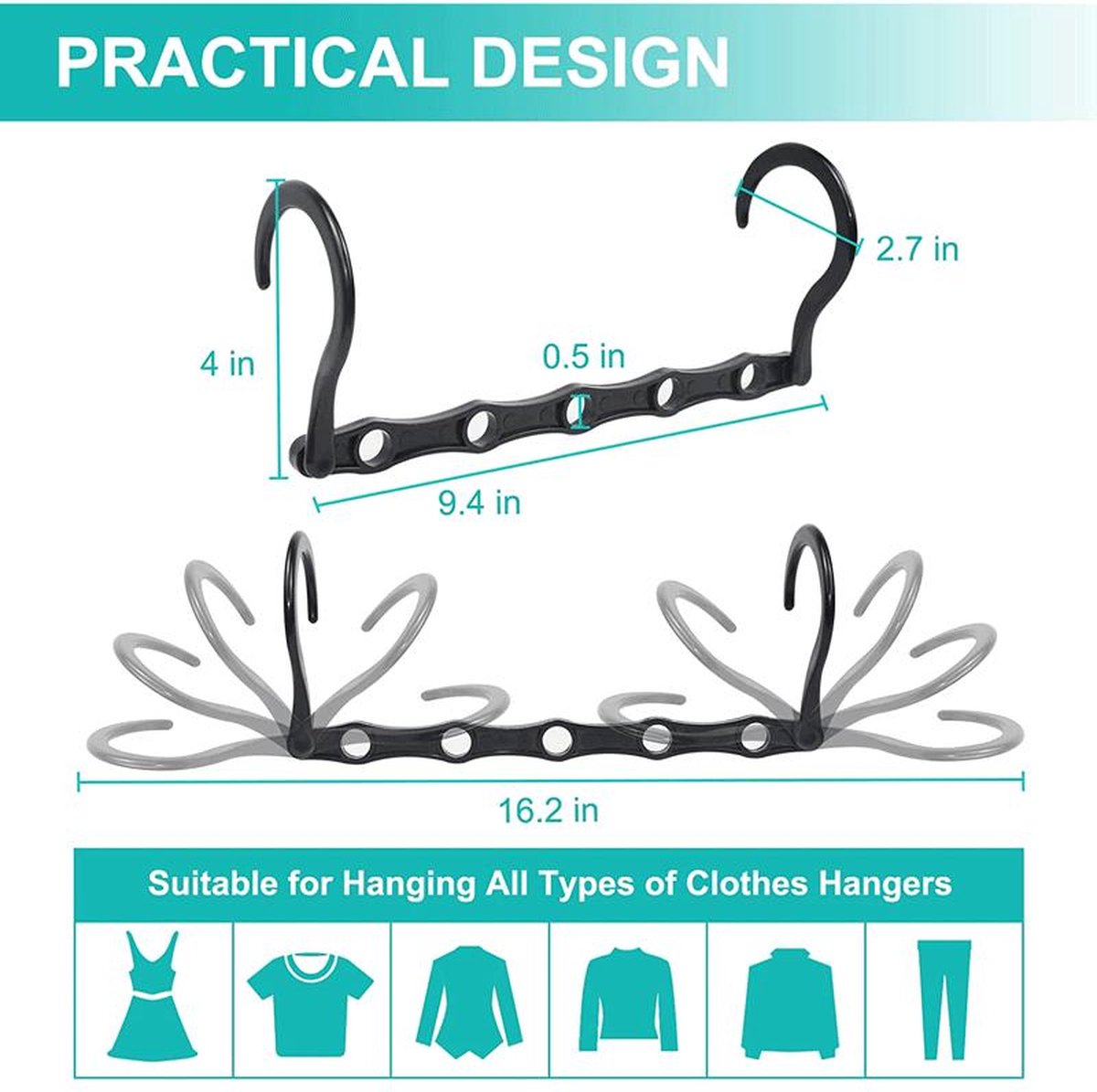 Clothes Hanger - 6 Pieces - Magic Clothes Hanger - Space-Saving Clothes Hanger - Wardrobe Hangers - 5 Slots - Multifunctional - Plastic - Wardrobe Organizer - Black - For 30 Garments - For Shirts, Trousers, Dresses, Jackets, Etc