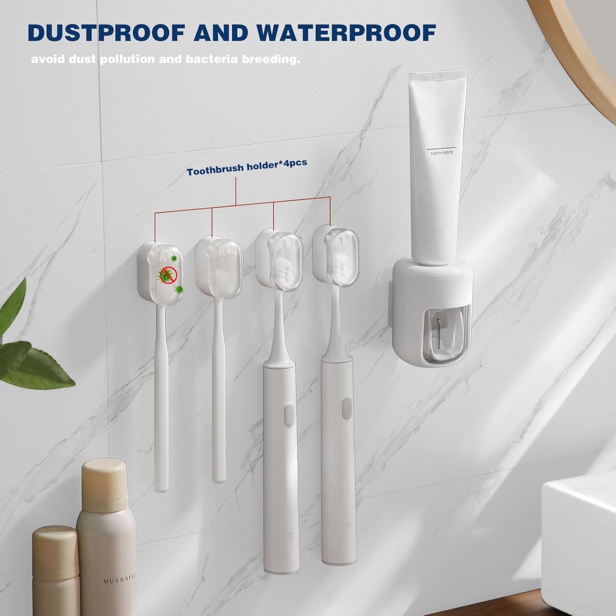 Toothbrush Holder - 4 Pieces - Electric Toothbrush Holder - Toothbrush Holder - Universal - No Drilling Required - Wall-Mounted - Brush Head Holder - Self-Adhesive Hanging Holder - Toothbrush Holder - Suitable for All Toothbrushes - White