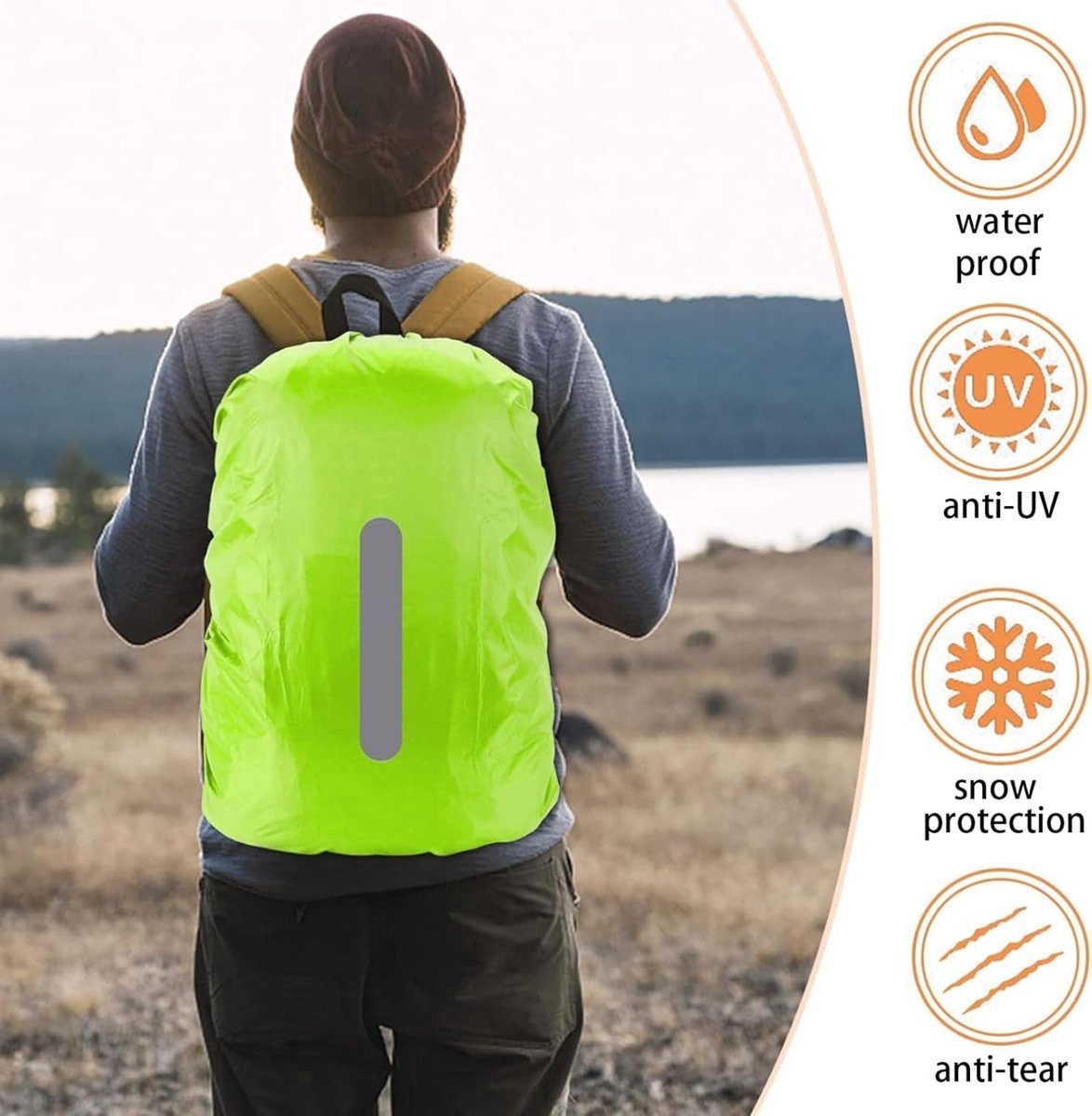 2-Piece Waterproof Backpack Cover - Reflective Rain Cover Backpack - 30 to 45 Liters - Waterproof Backpack Rain Cover - Reflective Backpack Covers in Polyester - Black & Green - Size M - Waterproof Backpack Cover for Outdoor Hiking Driving Climbing