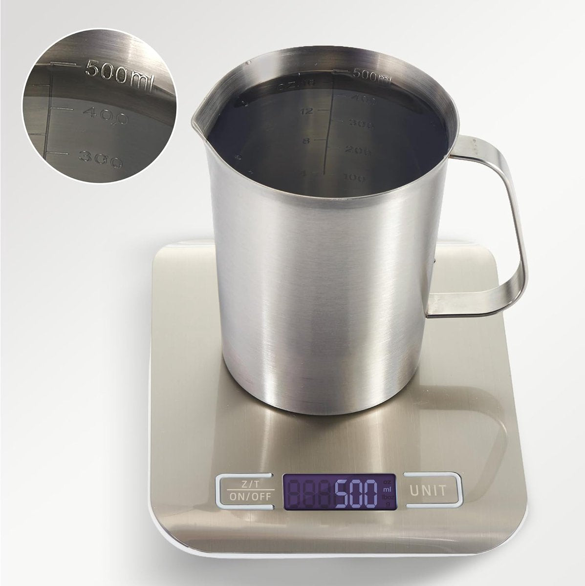 Measuring Cup with Pouring Spout - Measuring Cups with Scale - 500 ML - Small Measuring Cups - Measuring Cups - Measuring Beaker - Cups - Measuring Jug - Measuring Cup - 304 Stainless Steel - 9 x 9.5 x 11 Cm (L x W x H) - Silver - For Precise Weighing and
