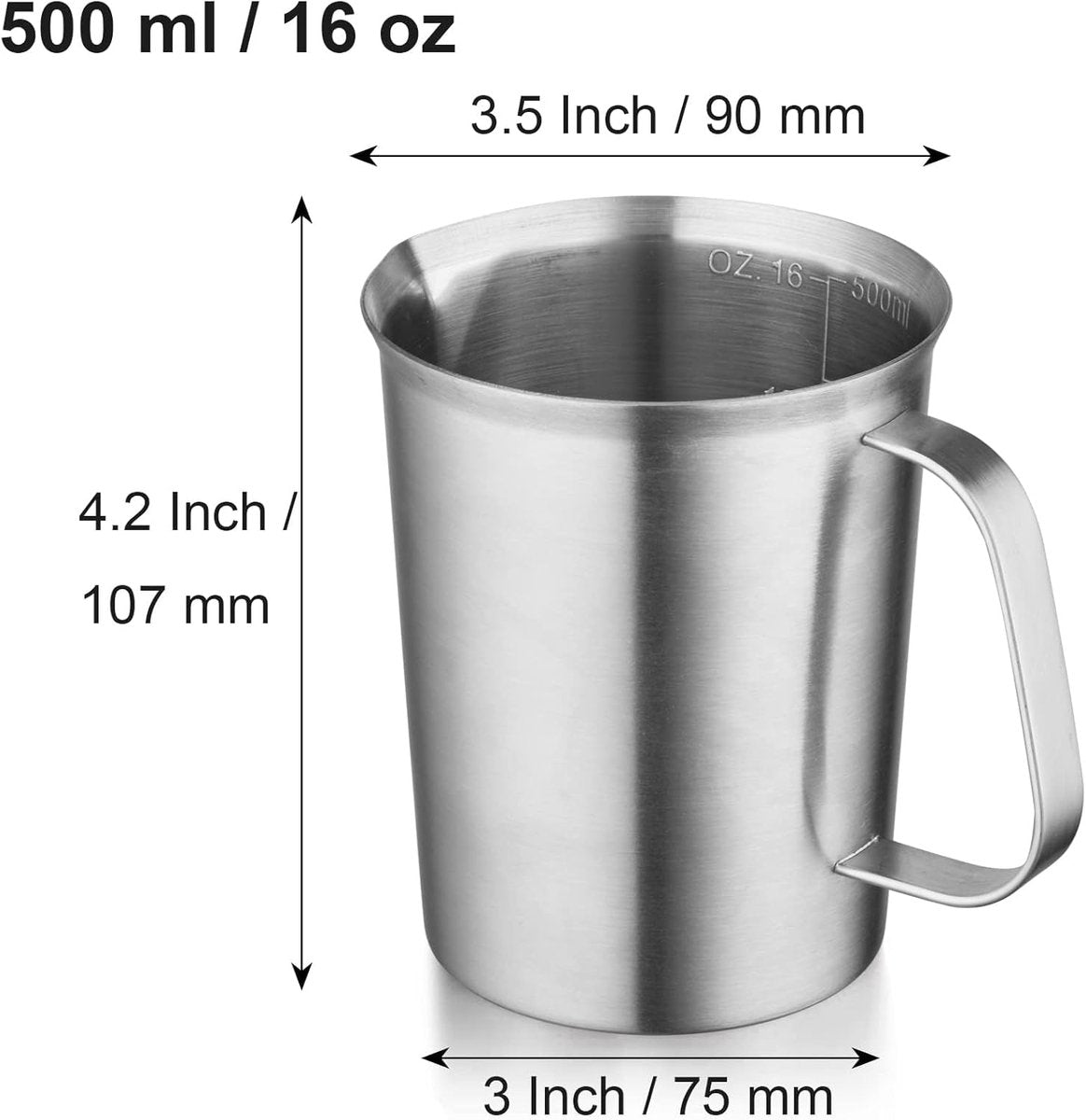 Measuring Cup with Pouring Spout - Measuring Cups with Scale - 500 ML - Small Measuring Cups - Measuring Cups - Measuring Beaker - Cups - Measuring Jug - Measuring Cup - 304 Stainless Steel - 9 x 9.5 x 11 Cm (L x W x H) - Silver - For Precise Weighing and