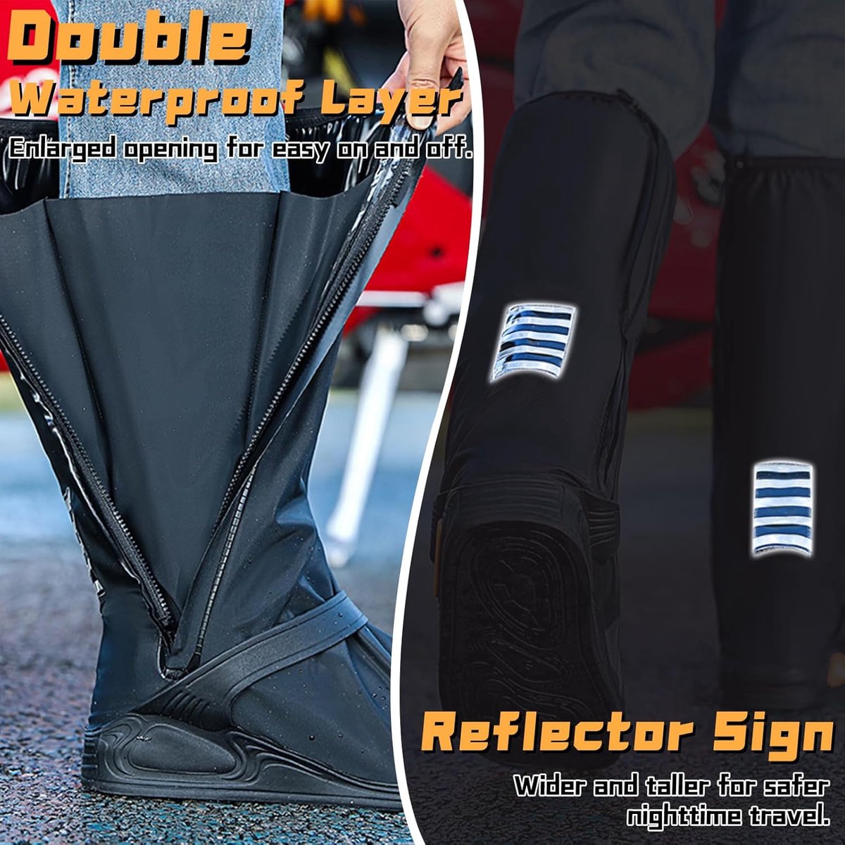 Waterproof Shoe Covers - Rain Shoe Covers - With Zipper, Snap - Waterproof Shoe Protectors - Motorcycle Scooter Bicycle Shoe Cover - Shoe Rain Cover - Shoe Cover - Shoe Covers - Anti-Slip - Size L 40-42 - Black - Reflective - Foldable