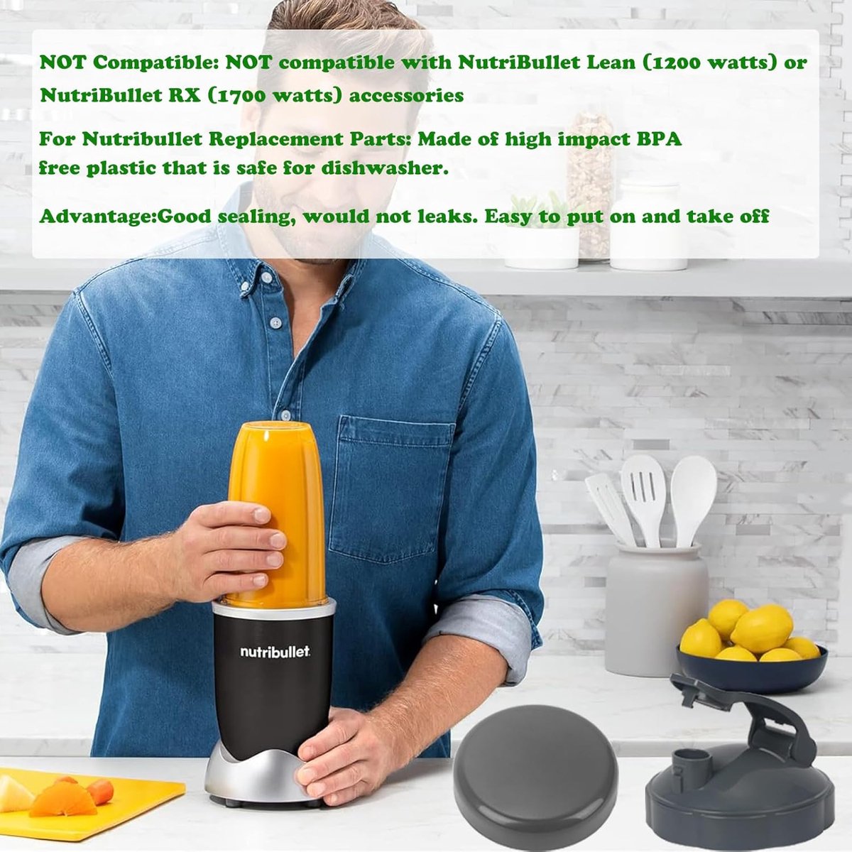 Resealable Cup Lids and Flip-Top To-Go Lid - 2 Pieces - Replacement Parts Suitable for 600w and 900w Nutribullet Blender 32/24/18oz Cups Cup Lids - With Rubber Gasket - Seal - For On the Go